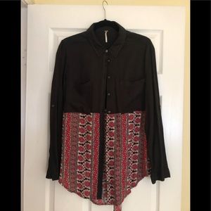 Free People Black Button down shirt with red floral bottom. Size L.  100% Rayon